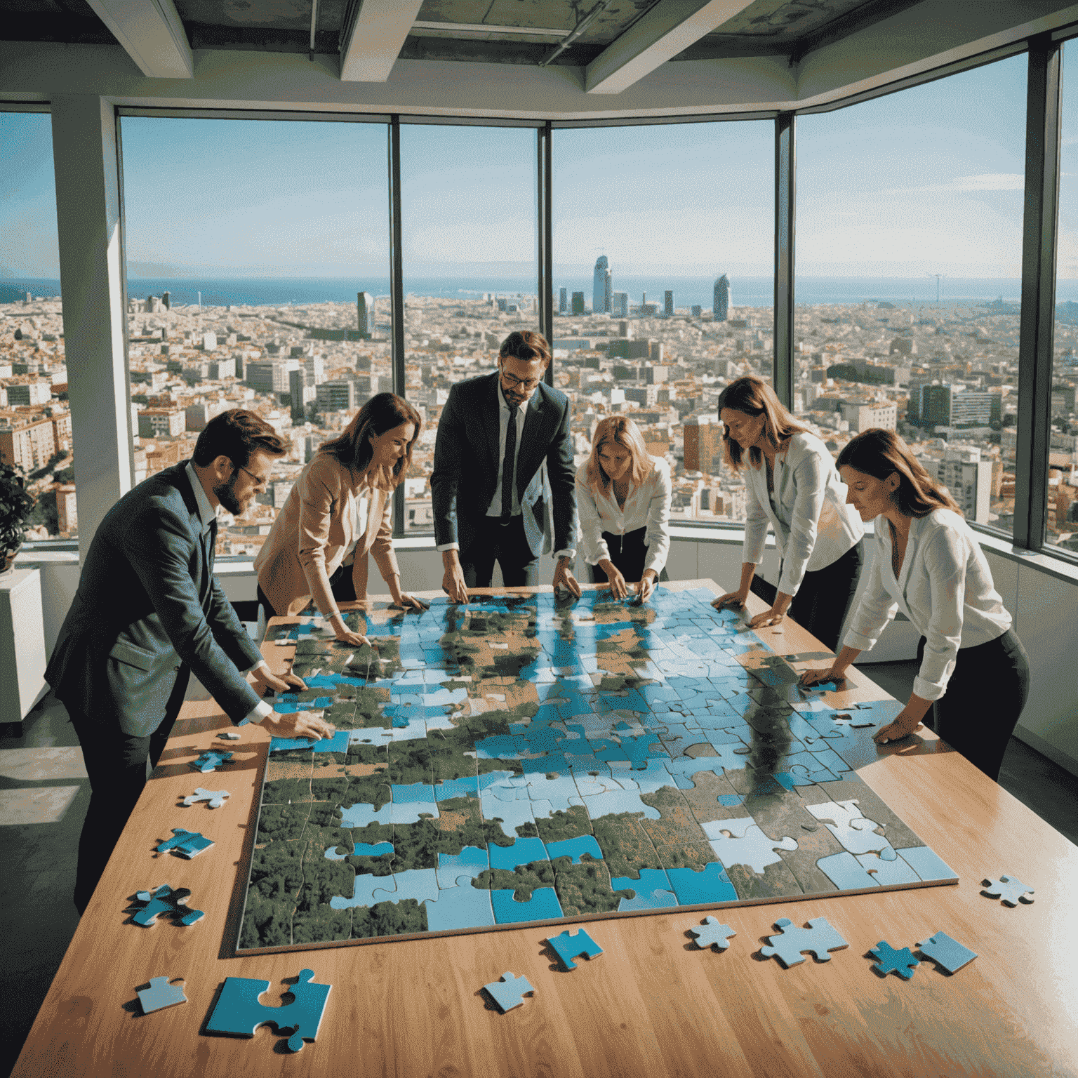 Grupo de compañeros de trabajo resolviendo un rompecabezas gigante en una oficina moderna con vista a Barcelona