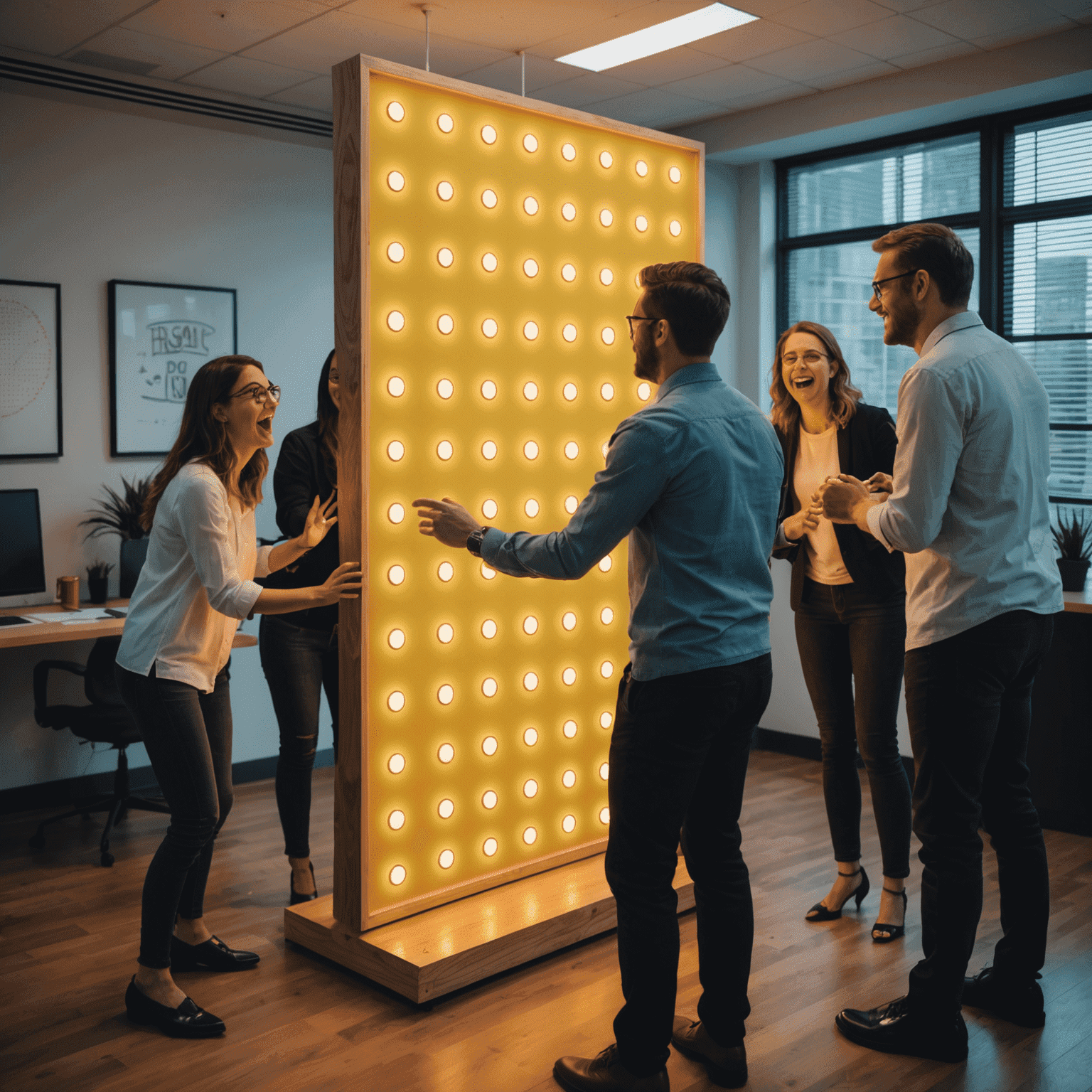 Un grupo de compañeros de trabajo jugando Plinko en una versión gigante del juego en la oficina. El tablero de Plinko está iluminado con luces de neón y los jugadores están riendo y colaborando para decidir dónde soltar el disco.