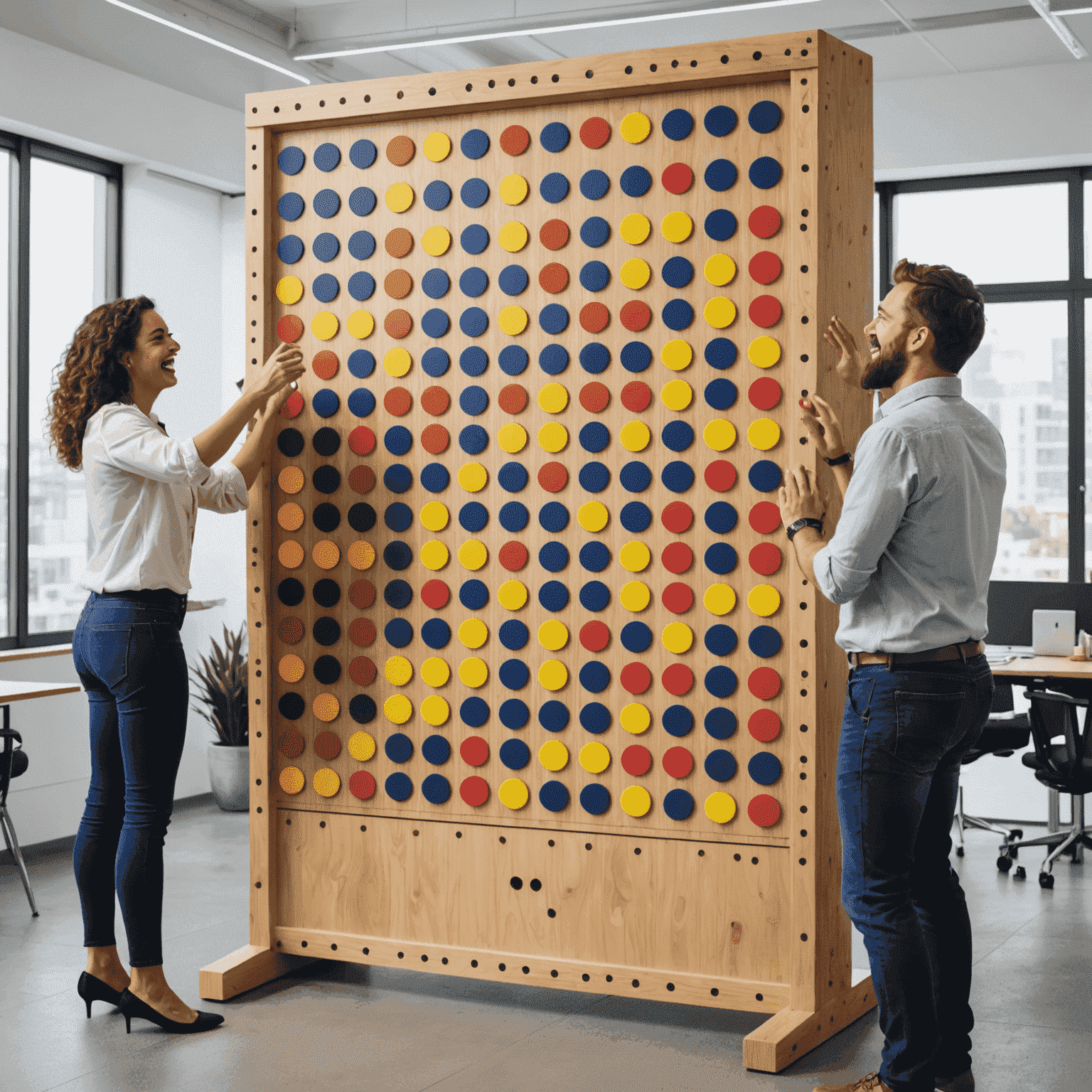 Tablero de Plinko gigante en una oficina española con empleados emocionados jugando